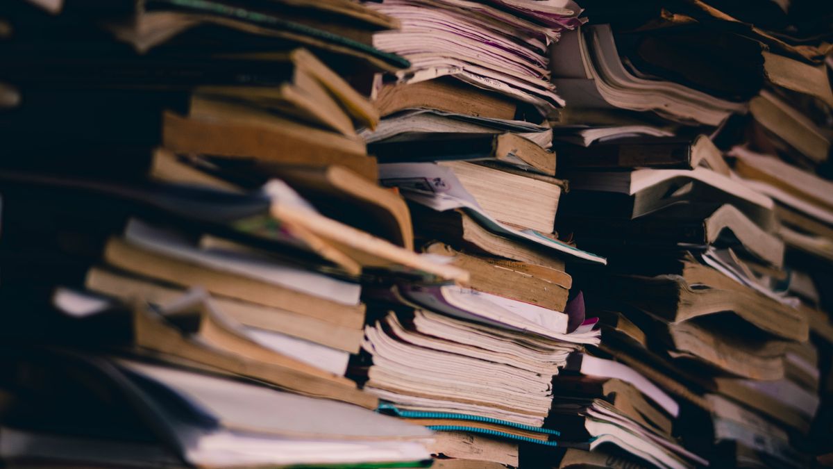 Shelves packed with stacked books in a bright room